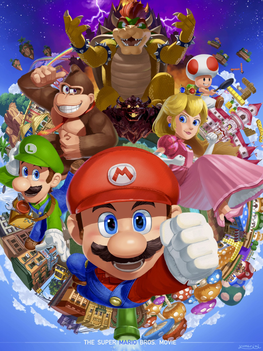 1girl, 5boys, armlet, blonde_hair, blue_eyes, blue_overalls, bowser, bracelet
