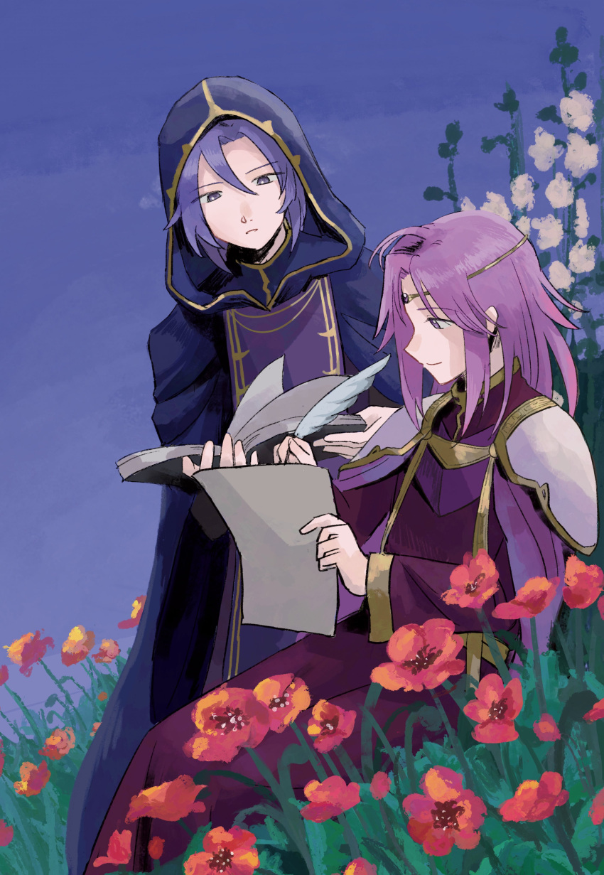 2boys, absurdres, blue_sky, book, cho_yoy, circlet, fire_emblem, fire_emblem:_the_sacred_stones, flower, hair_between_eyes, highres, holding, holding_book, holding_paper, holding_quill, hooded_robe, knoll_(fire_emblem), light_smile, lyon_(fire_emblem), medium_hair, multiple_boys, open_book, paper, parted_lips, purple_hair, quill, reading, red_flower, robe, short_hair, sky, white_flower, writing