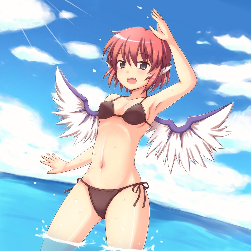 armpits, bikini, mystia_lorelei, phantom2071, pink_hair, short_hair, side-tie_bikini, solo