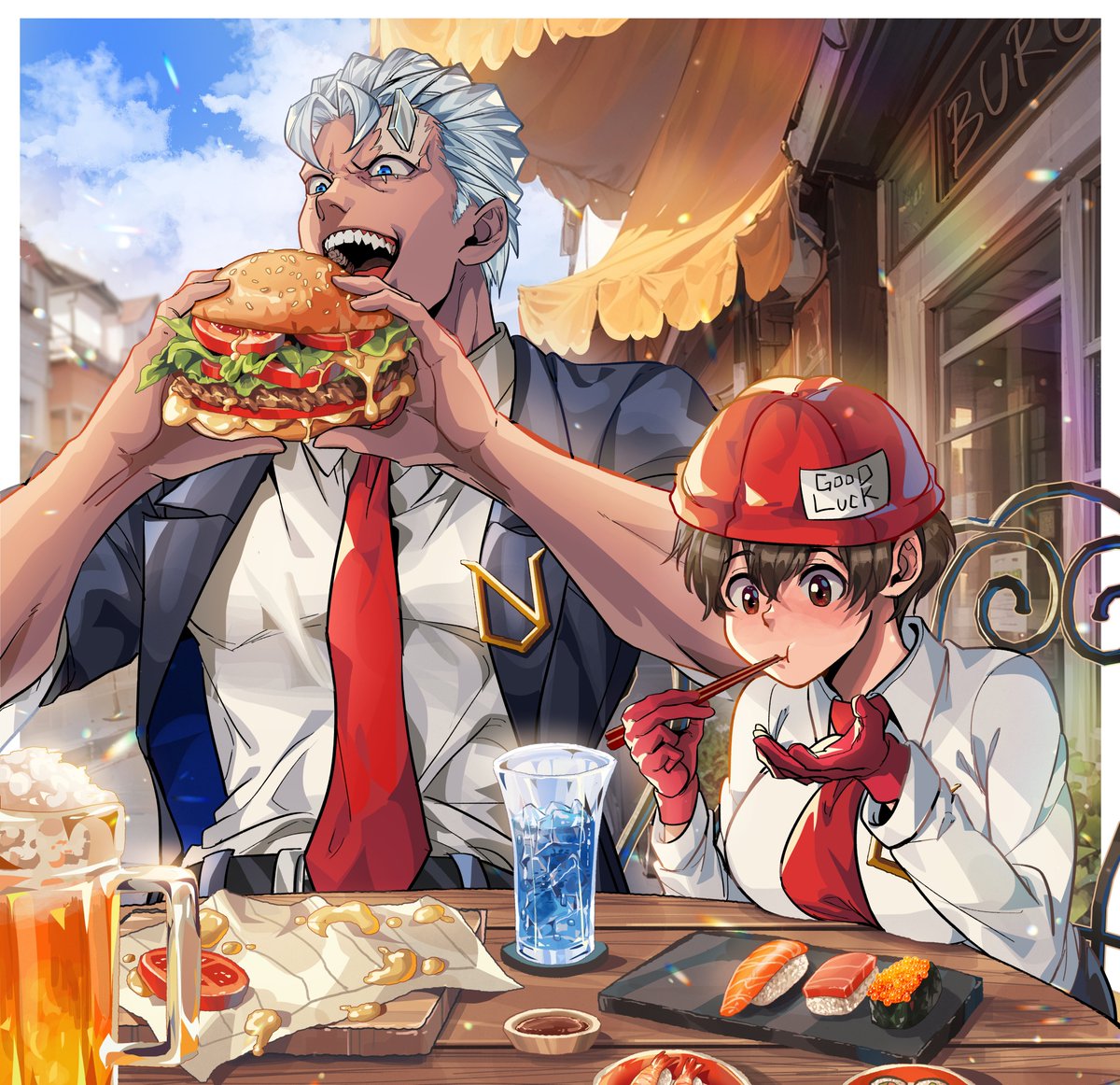 1boy, 1girl, andy_(undead_unluck), beer_mug, black_hair, black_suit, blue_eyes, breasts