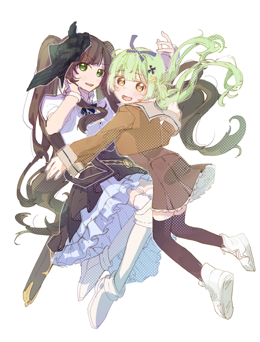 2girls, absurdres, arm_up, armored_boots, assault_lily, belt, belt_buckle, black_flower