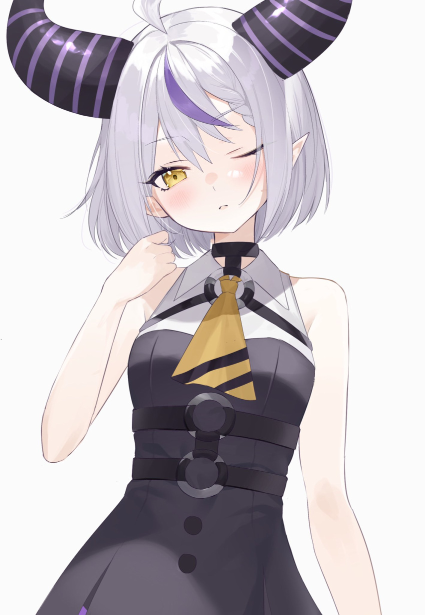 1girl, ahoge, alternate_hair_length, alternate_hairstyle, ascot, bare_shoulders, bega_(omuraisu_820), black_horns