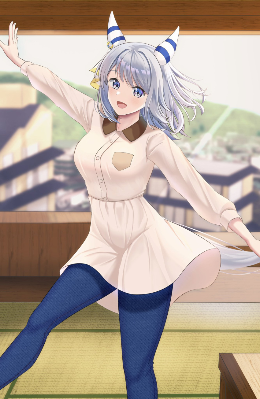 1girl, alternate_costume, animal_ears, blue_eyes, blue_pants, blurry, blurry_background, breast_pocket