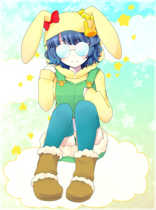 animal_hat, anyamal_tantei_kirumin_zoo, blue_hair, blush, boots, bow, bunny, cloud