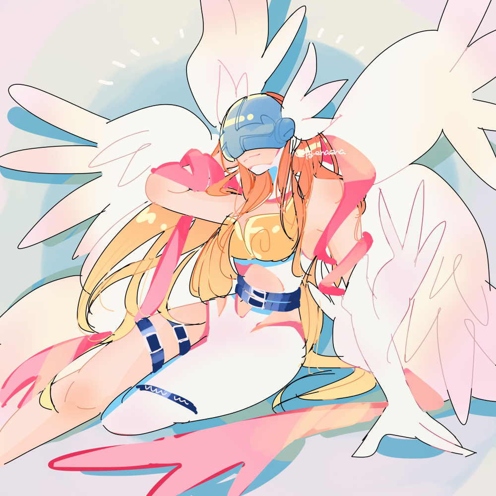1girl, angel, angel_wings, angewomon, artist_name, belt, black_belt, blonde_hair, breasts, closed_mouth, digimon, digimon_(creature), gloves, on_floor, orange_hair, pg_enaena, solo, twitter_username, white_gloves, wings