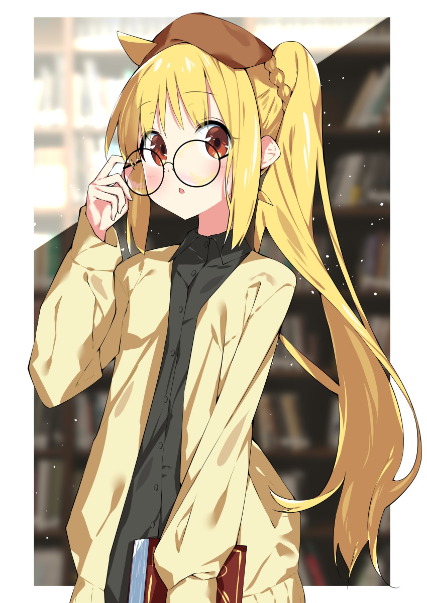 1girl, :o, absurdres, adjusting_eyewear, ahoge, beret, bespectacled, black-framed_eyewear
