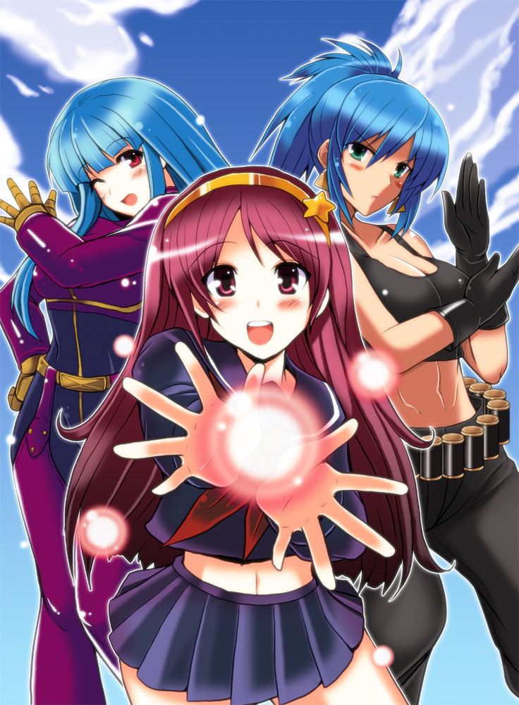 asamiya_athena, belt, blue_hair, blush, breasts, cleavage, earrings, fighting_stance