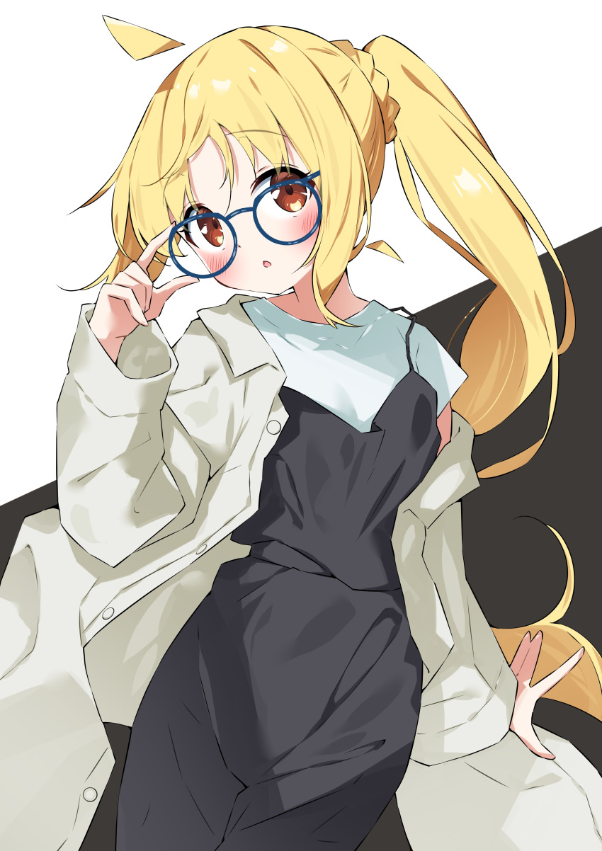 1girl, :o, absurdres, ahoge, black_background, black_dress, blonde_hair, blue-framed_eyewear