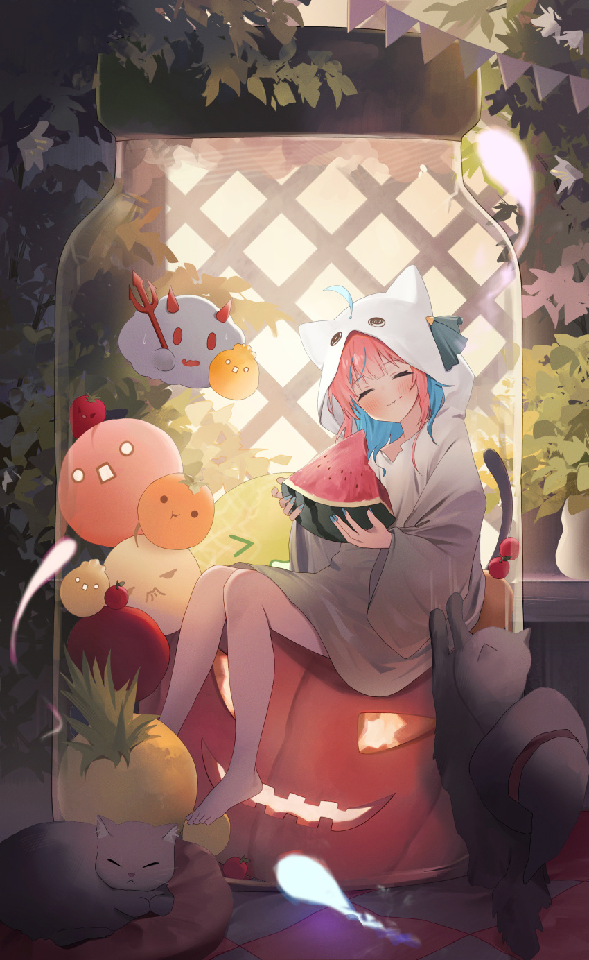 1girl, absurdres, ahoge, alternate_costume, apple, bare_legs, blue_hair, blue_nails