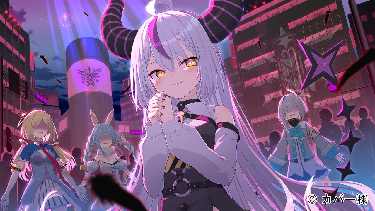 4girls, ahoge, aki_rosenthal, aki_rosenthal_(1st_costume), amane_kanata, amane_kanata_(1st_costume), animal_ears, ascot