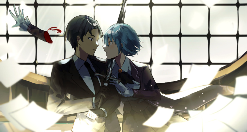 1boy, 1girl, absurdres, angela_(project_moon), ascot, black_eyes, black_gloves, black_hair
