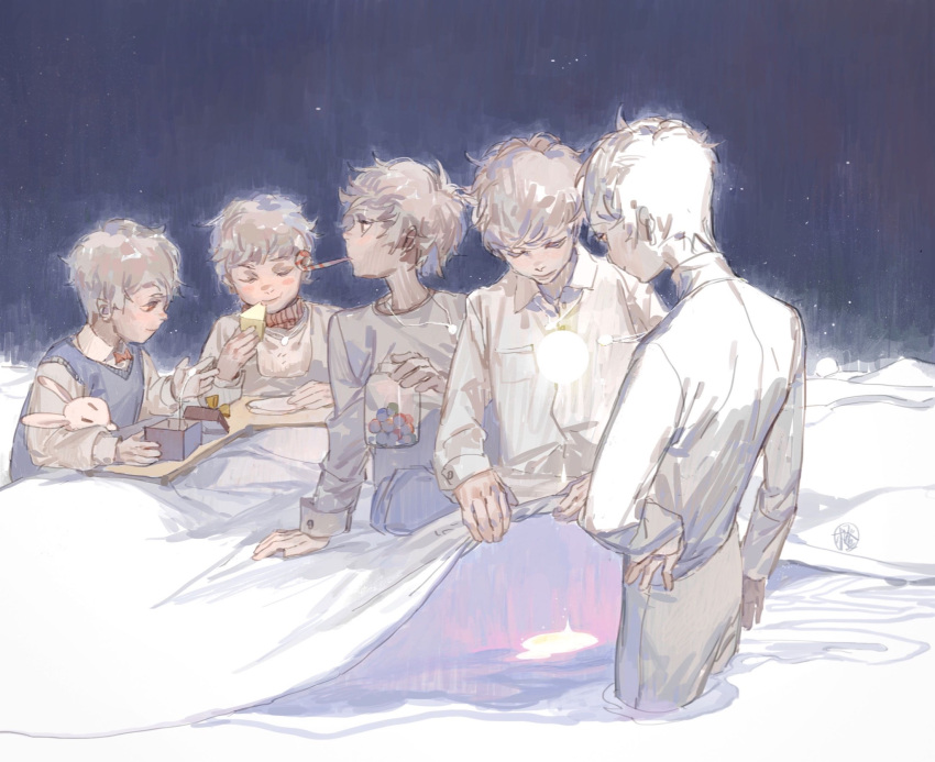 5boys, anni_de_chengzi_mao, bib, blanket, blue_sky, blue_vest, bow, bowtie