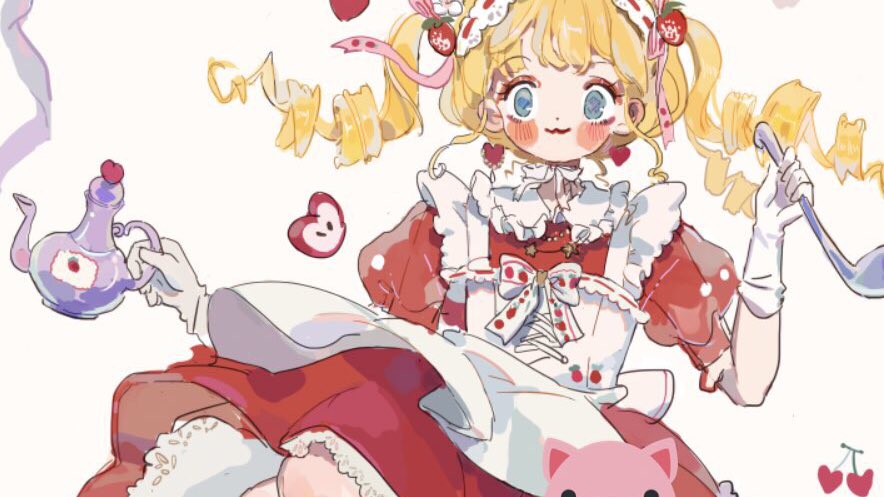 1girl, :3, apple, apple_slice, apron, back_bow, blonde_hair, blue_eyes