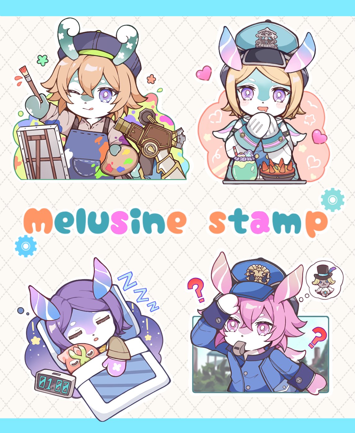 4girls, :o, ;q, ?, aeval_(genshin_impact), alarm_clock, animal_ears, apron