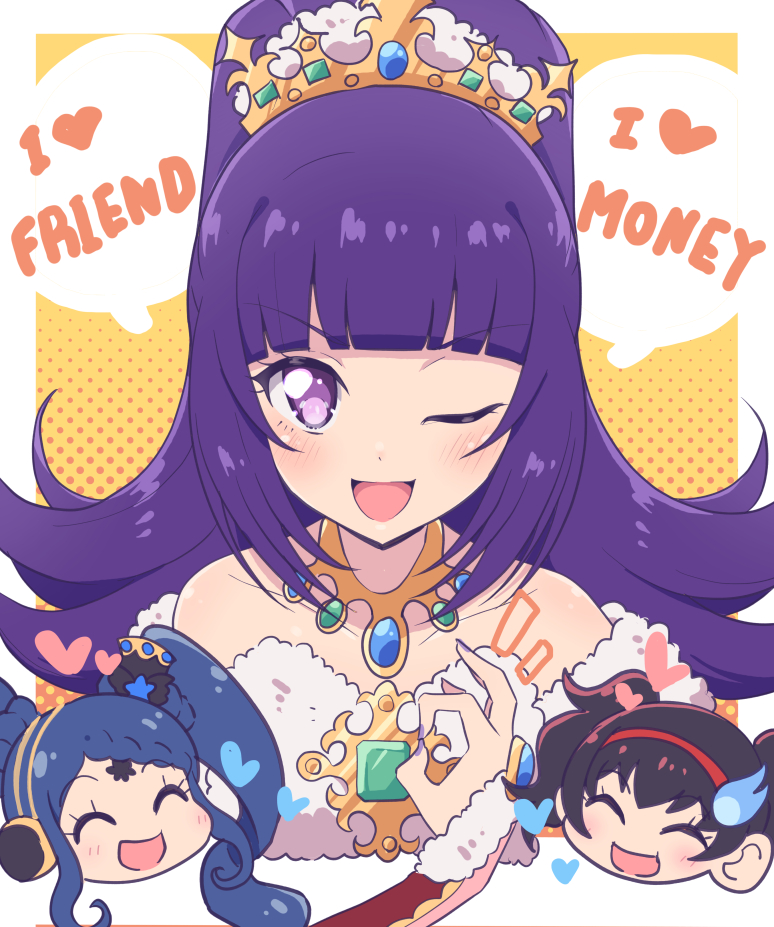 3girls, :d, ^_^, bare_shoulders, black_hair, blue_hair, blunt_bangs, blush, chibi, chibi_inset, closed_eyes, crown, english_text, flipped_hair, fur_trim, garara_s_leep, gem, gold_necklace, green_gemstone, hairband, hanazono_shuka, hand_up, headphones, heart, idol_time_pripara, jewelry, jigoku_mimiko, kegani_(ymck31), long_hair, looking_at_viewer, multiple_girls, necklace, ok_sign, one_eye_closed, open_mouth, ponytail, pretty_(series), pripara, purple_hair, purple_nails, red_hairband, smile, solo_focus, speech_bubble, twintails, upper_body, violet_eyes, yellow_background