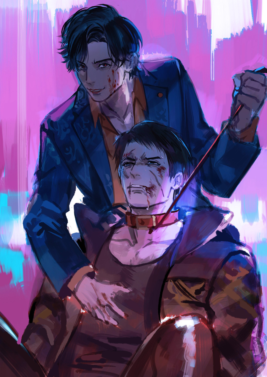2boys, absurdres, black_eyes, black_hair, black_jacket, black_pants, black_tank_top, blood