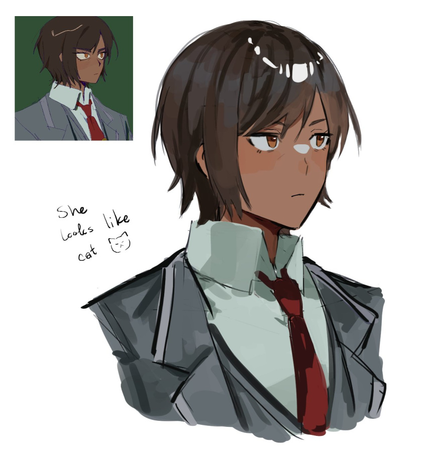 1girl, black_coat, black_vest, brown_eyes, brown_hair, closed_mouth, coat, dark-skinned_female