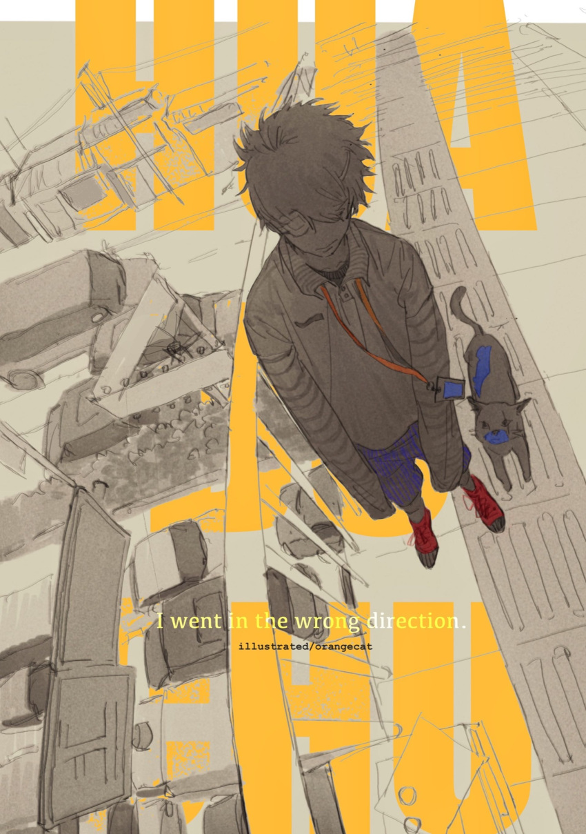 1boy, anni_de_chengzi_mao, artist_name, black_undershirt, blue_shorts, bow, building, bush