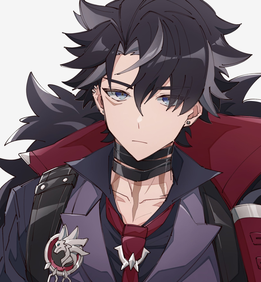1boy, bandaged_neck, bandages, black_hair, black_shirt, blue_eyes, closed_mouth, coat