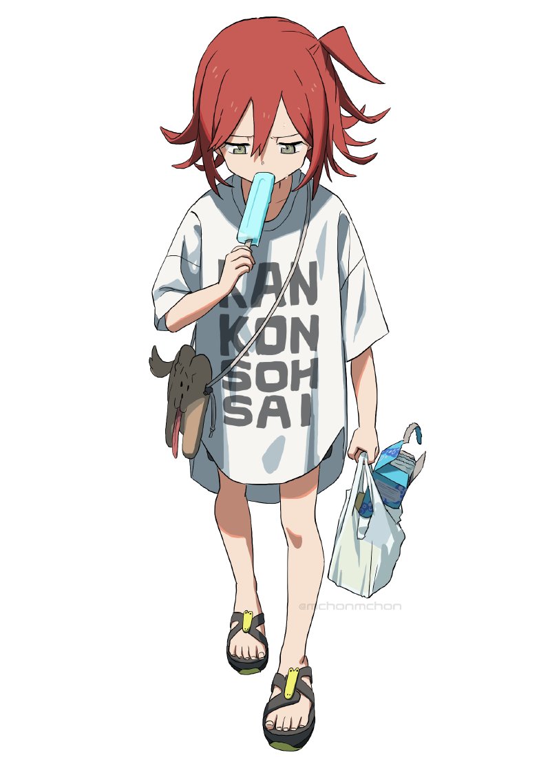1girl, artist_name, bag, food, full_body, grey_eyes, hair_between_eyes, holding