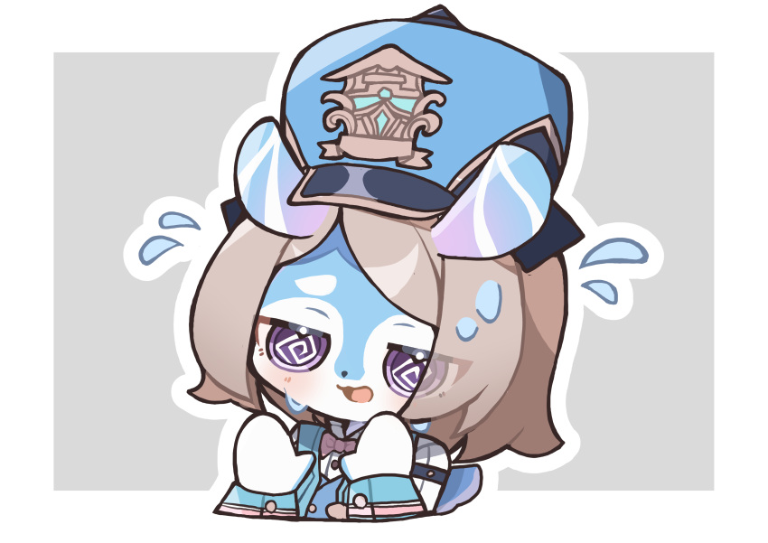 1girl, @_@, absurdres, aeval_(genshin_impact), animal_ears, aqua_coat, blue_headwear, blush, border, bow, bowtie, brown_hair, buttons, coat, commentary_request, flying_sweatdrops, genshin_impact, grey_background, hat, highres, long_sleeves, melusine_(genshin_impact), open_clothes, open_coat, open_mouth, outline, outside_border, parted_bangs, peaked_cap, pink_bow, pink_bowtie, shinonome_nashi, short_hair, simple_background, solo, sweat, swept_bangs, upper_body, violet_eyes, white_border, white_outline