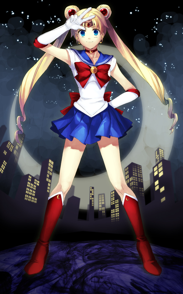 bishoujo_senshi_sailor_moon, blonde_hair, blue_eyes, cityscape, crescent_moon, double_bun, elbow_gloves, gloves, long_hair, magical_girl, moon, pose, sailor_moon, sailor_senshi, solo, tiara, tonykun, tsukino_usagi, twintails