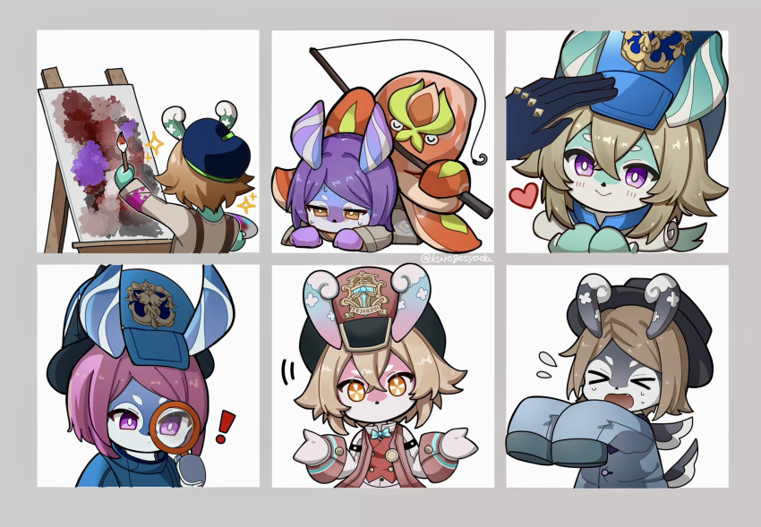 !, >_<, 6+girls, :>, animal_ears, aqua_bow, aqua_bowtie, arm_up