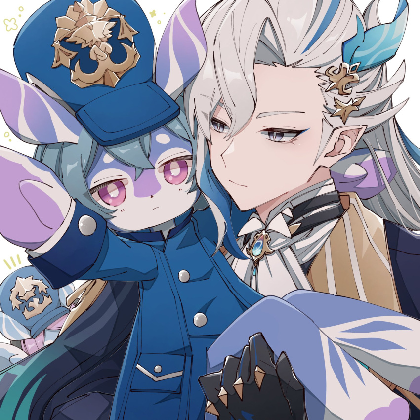 1boy, 2girls, arm_up, ascot, asymmetrical_bangs, black_gloves, blue_coat, blue_eyeliner, blue_gemstone, blue_hair, blue_headwear, bright_pupils, brooch, buttons, carrying, closed_mouth, coat, commentary_request, crossed_bangs, expressionless, eyeliner, gem, genshin_impact, gloves, grey_hair, hair_between_eyes, hair_ornament, hat, highres, jewelry, jifu_(gifu_7), long_hair, long_sleeves, looking_at_another, makeup, melusine_(genshin_impact), menthe_(genshin_impact), muirne_(genshin_impact), multicolored_hair, multiple_girls, neuvillette_(genshin_impact), notice_lines, parted_bangs, peaked_cap, pink_hair, pointy_ears, princess_carry, reaching, reaching_towards_viewer, short_hair, simple_background, streaked_hair, upper_body, violet_eyes, white_ascot, white_background, white_hair, white_pupils
