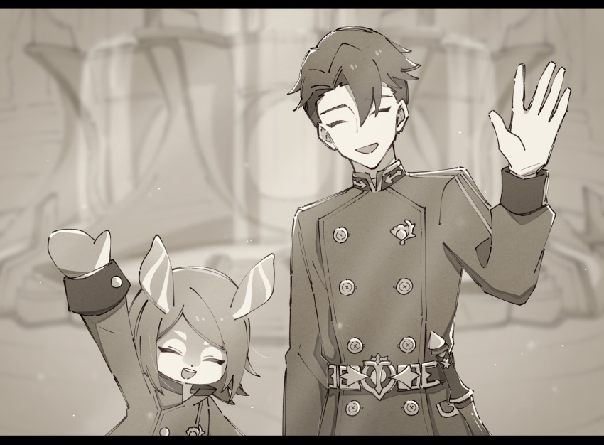 1boy, 1girl, ^_^, animal_ears, arm_up, belt, black_hair, blurry, blurry_background, buttons, carole_(genshin_impact), closed_eyes, coat, commentary_request, double-breasted, genshin_impact, hair_between_eyes, highres, jifu_(gifu_7), letterboxed, long_sleeves, medium_hair, melusine_(genshin_impact), monochrome, open_mouth, parted_bangs, sepia, short_hair, sleeve_cuffs, smile, swept_bangs, teeth, upper_teeth_only, vautrin_(genshin_impact), waving