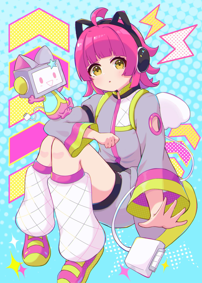 1girl, absurdres, ahoge, animal_ear_headphones, animal_ears, arm_strap, blunt_bangs, blunt_ends, cat_ear_headphones, commentary, electric_plug_tail, fake_animal_ears, flat_chest, grey_shirt, grey_shorts, headphones, highres, legs, long_sleeves, looking_at_viewer, love_live!, love_live!_nijigasaki_high_school_idol_club, mascot, medium_hair, multicolored_background, parted_lips, pink_footwear, pink_hair, polka_dot, polka_dot_background, ritaso, shirt, shorts, sidelocks, sparkle, tennouji_rina, thighs, tsunagaru_connect_(love_live!), white_leg_warmers, yellow_eyes
