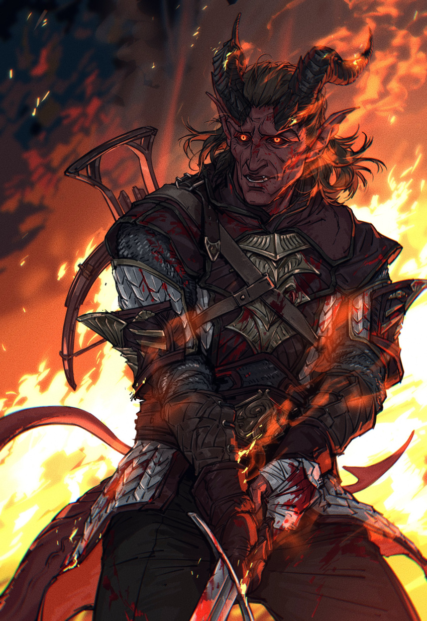1boy, absurdres, arm_guards, armor, backlighting, baldur's_gate, baldur's_gate_3, bandaged_hand, bandages, black_hair, black_pants, black_sclera, blood, blood_on_clothes, blood_on_hands, breastplate, chest_belt, colored_sclera, colored_skin, commentary, cowboy_shot, crossbow, demon_boy, demon_horns, demon_tail, dungeons_and_dragons, english_commentary, fangs, faulds, fighting_stance, fire, glowing, glowing_eyes, highres, holding, holding_sword, holding_weapon, horns, looking_ahead, male_focus, mature_male, medium_hair, nyeigneous, open_mouth, orange_eyes, pants, pointy_ears, red_skin, serious, slit_pupils, solo, standing, sword, tail, tiefling, weapon, weapon_on_back, zevlor