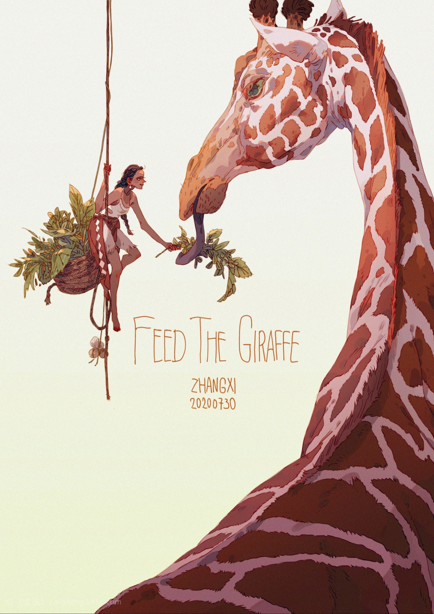 1girl, absurdres, animal, animal_focus, artist_name, basket, commentary, dated, earrings, eating, english_text, feeding_animal, from_behind, from_side, giraffe, green_eyes, green_pupils, hanging, hanging_from_rope, highres, jewelry, looking_at_another, original, plant, robe, sidelighting, simple_background, tank_top, white_tank_top, xi_zhang