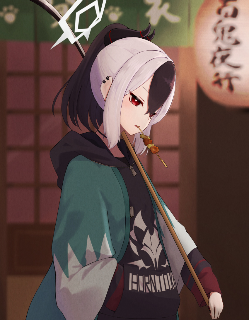 1girl, absurdres, black_hair, black_hoodie, black_horns, blue_archive, demon_horns, earclip