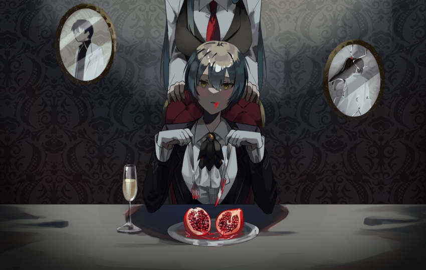 2girls, alcohol, angela_(project_moon), ascot, ayin_(project_moon), black_coat, blue_hair, breasts