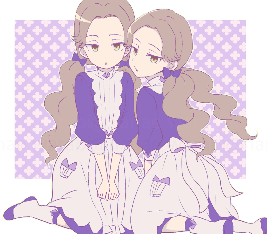 1girl, belle_(shadows_house), blue_dress, border, bow, brown_eyes, dress, hair_bow