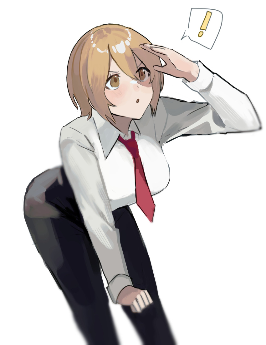 1girl, absurdres, black_pants, blonde_hair, breasts, collared_shirt, don_quixote_(limbus_company), hand_up