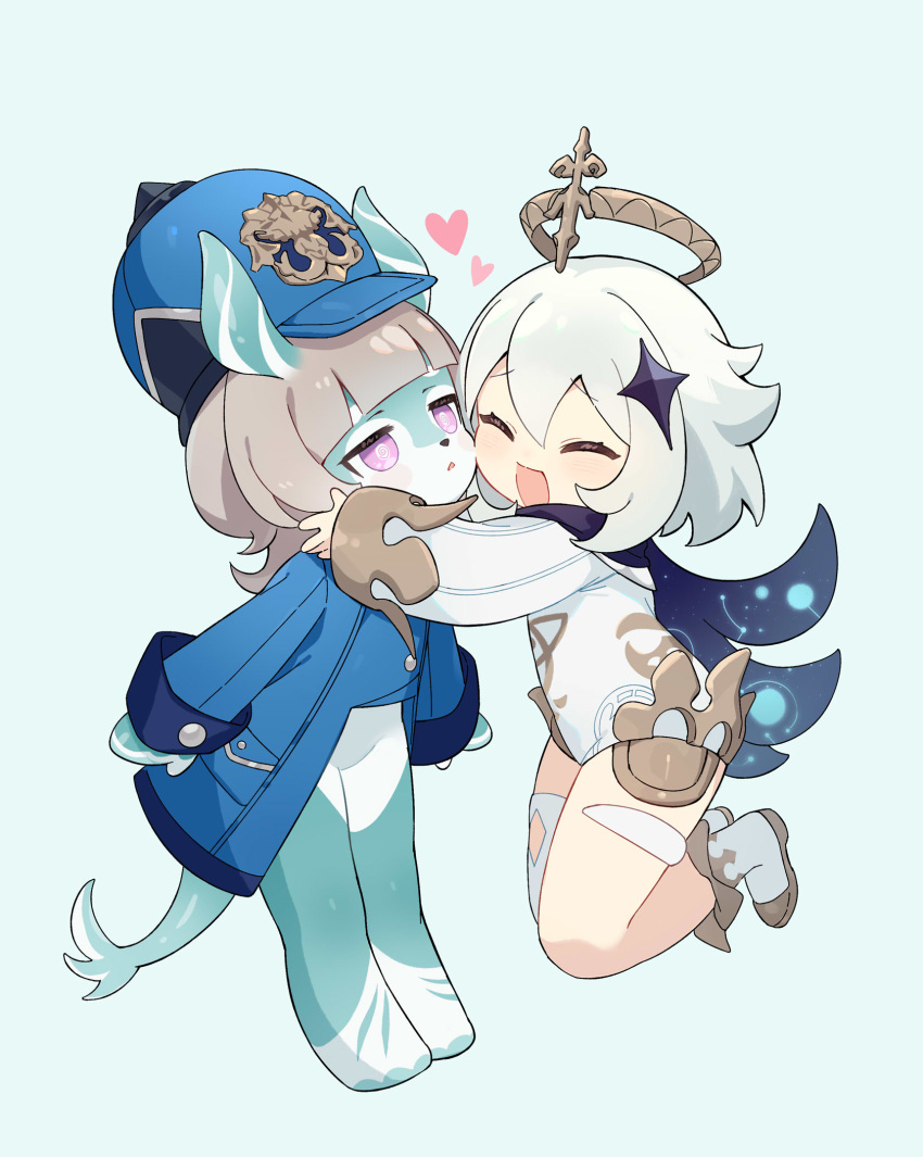 2girls, :d, @_@, ^_^, aeife_(genshin_impact), animal_ears, aqua_background, black_cape