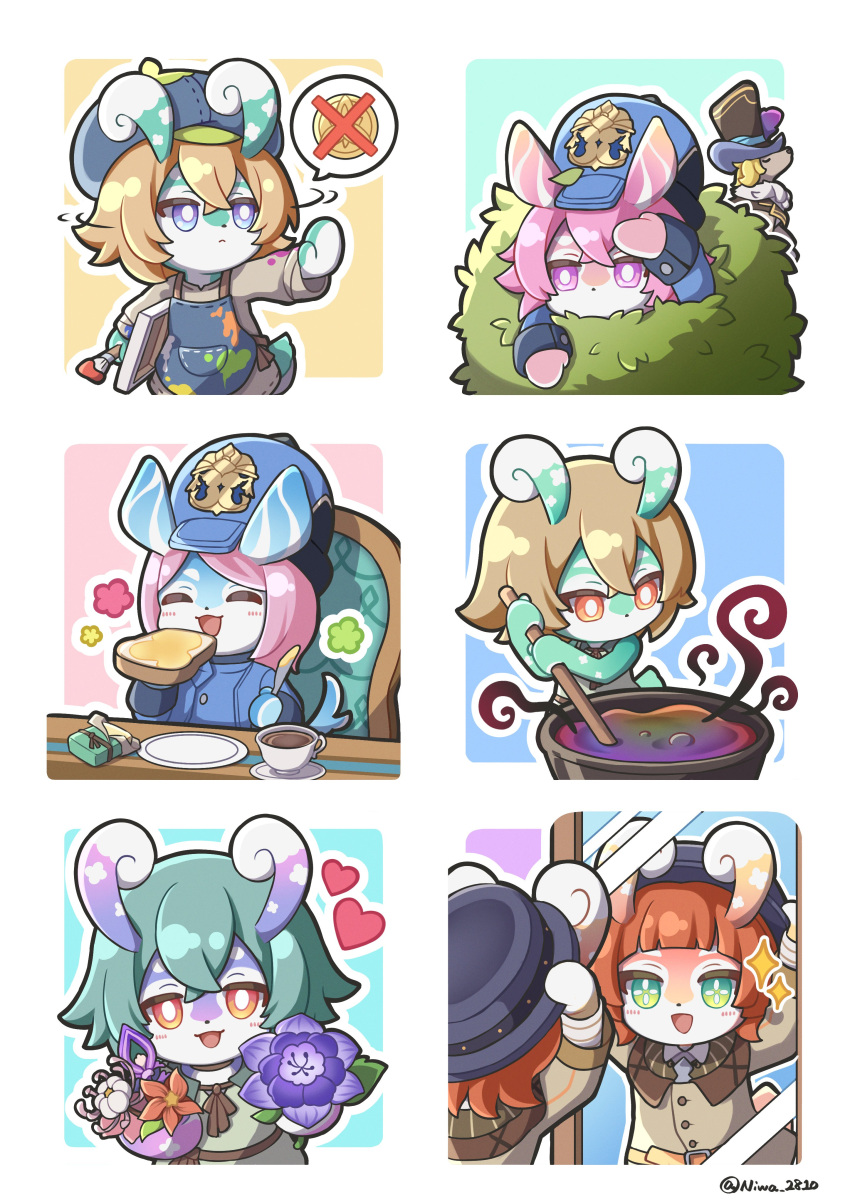 6+girls, :<, :d, ^_^, absurdres, animal_ears, apron, aqua_background