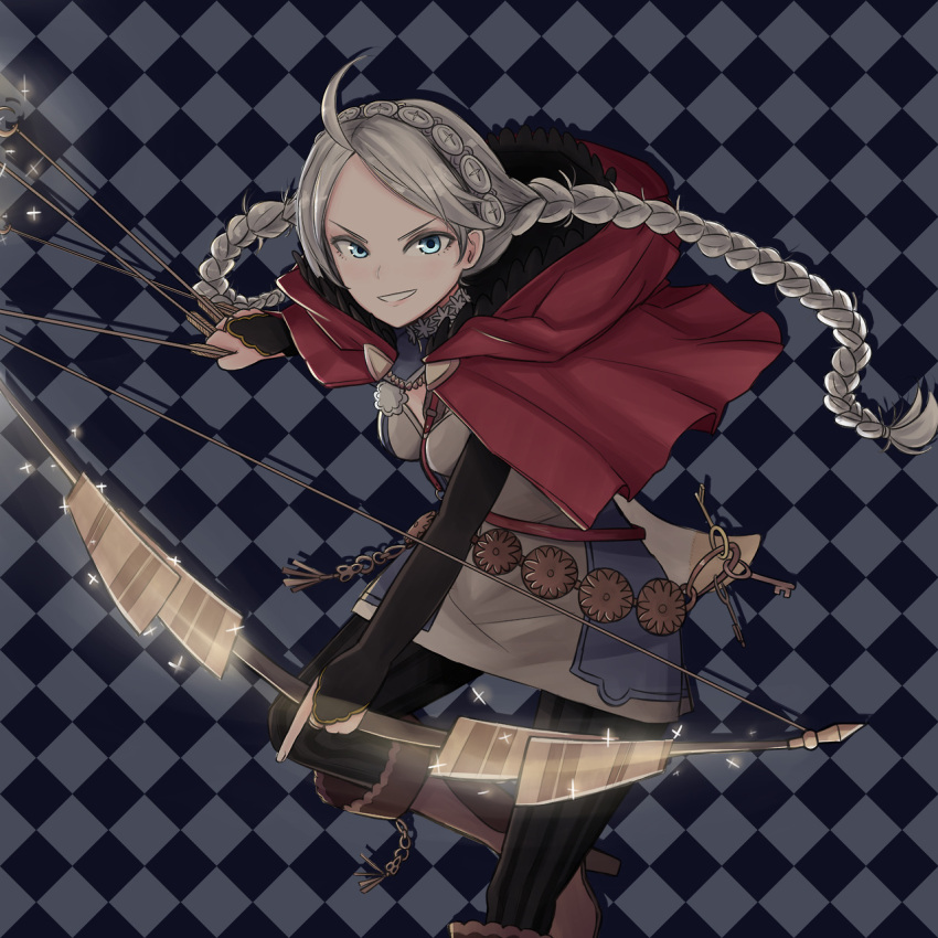 1girl, ahoge, arrow_(projectile), black_bridal_gauntlets, blue_eyes, boots, bow_(weapon), braid