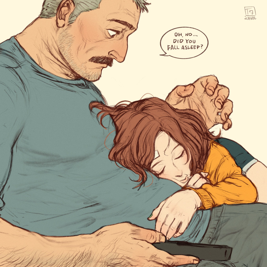 1boy, 1girl, aaron_gruber_(o_natsuo88), age_difference, arm_hair, bandaged_head, bandages, beard_stubble, closed_eyes, controller, couch, cutoff_jeans, cutoffs, english_text, facial_hair, green_shirt, grey_hair, hand_on_another's_stomach, height_difference, highres, holding, holding_remote_control, looking_at_another, madison_(o_natsuo88), mature_male, medium_hair, mustache, nail_polish, o_natsuo88, old, old_man, orange_sweater, original, pants, profile, receding_hairline, redhead, remote_control, shirt, short_hair, sleeping, sleeping_on_person, speech_bubble, sweater, sweatpants, thick_eyebrows, thick_mustache, wavy_hair, wrinkled_skin, yellow_background