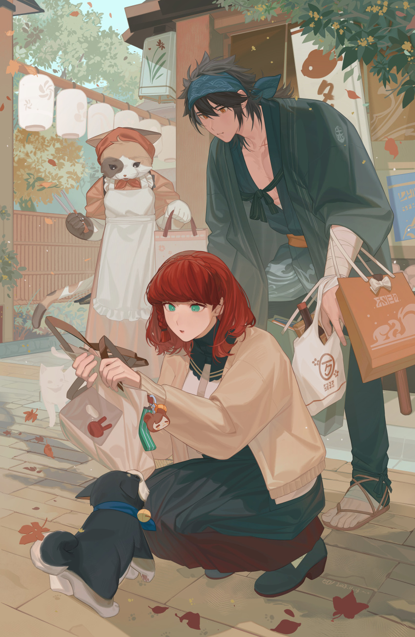 1boy, 1girl, 1other, absurdres, architecture, autumn_leaves, bag, bandana, black_hair, braid, cardigan, cat, dog, east_asian_architecture, falling_leaves, full_body, green_eyes, highres, hirono1118, holding, holding_bag, japanese_clothes, lantern, leaf, looking_at_another, medium_hair, mutsu-no-kami_yoshiyuki, open_cardigan, open_clothes, outdoors, paper_lantern, pectorals, redhead, sandals, saniwa_(touken_ranbu), shadow, shiba_inu, shopping_bag, short_hair, side_braid, squatting, standing, touken_ranbu, tree, yellow_eyes
