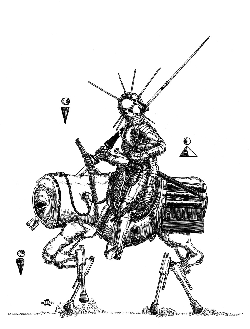 1boy, absurdres, armor, cuirass, greyscale, gun, handgun, helmet, highres, holding, holding_mace, holding_polearm, holding_weapon, ink_(medium), knight, lance, male_focus, mechanical_legs, monochrome, original, polearm, rifleinfantry, saddlebags, simple_background, stirrups, traditional_media, weapon