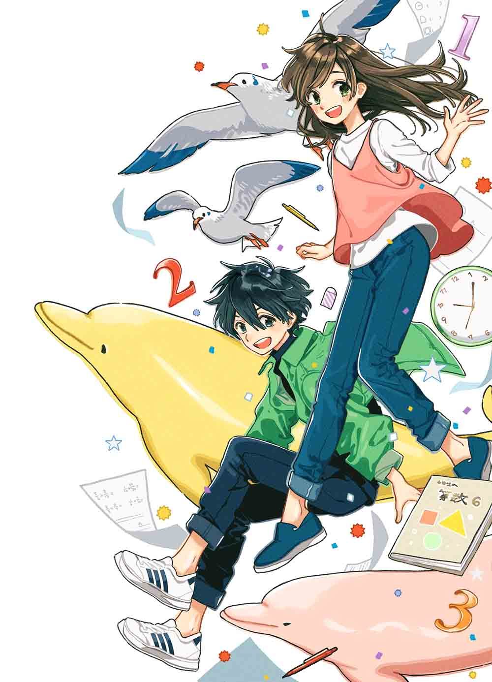1boy, 1girl, analog_clock, bird, black_eyes, black_hair, black_shirt, book