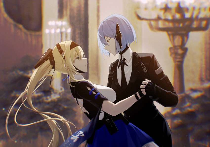 2girls, arm_pouch, belt_pouch, bianca:_veritas_(punishing:_gray_raven), bianca_(punishing:_gray_raven), black_gloves, black_hair, black_jacket