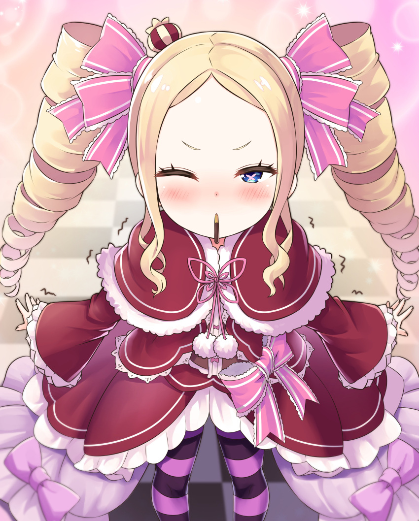 1girl, absurdres, beatrice_(re:zero), blonde_hair, blush, capelet, checkered_floor, commentary_request