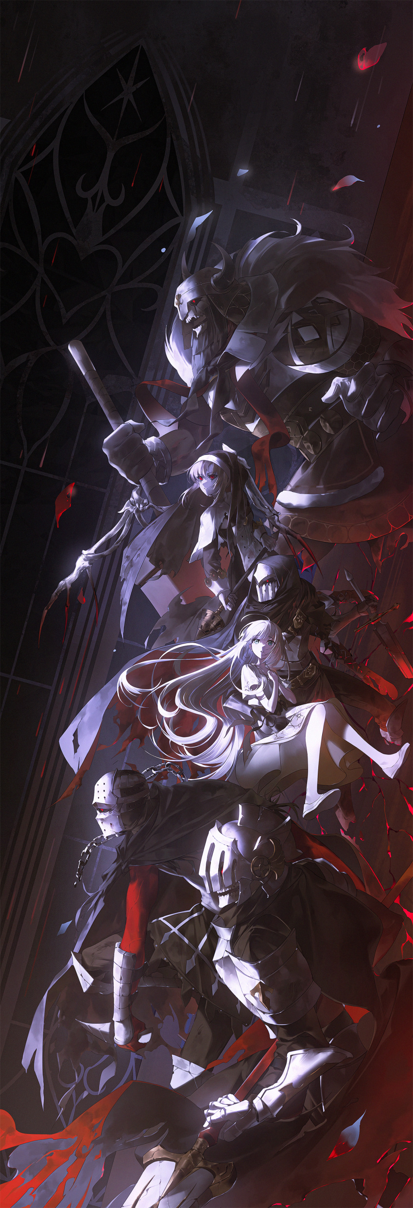 2girls, 4boys, absurdres, armor, black_cloak, black_dress, blue_eyes, broken