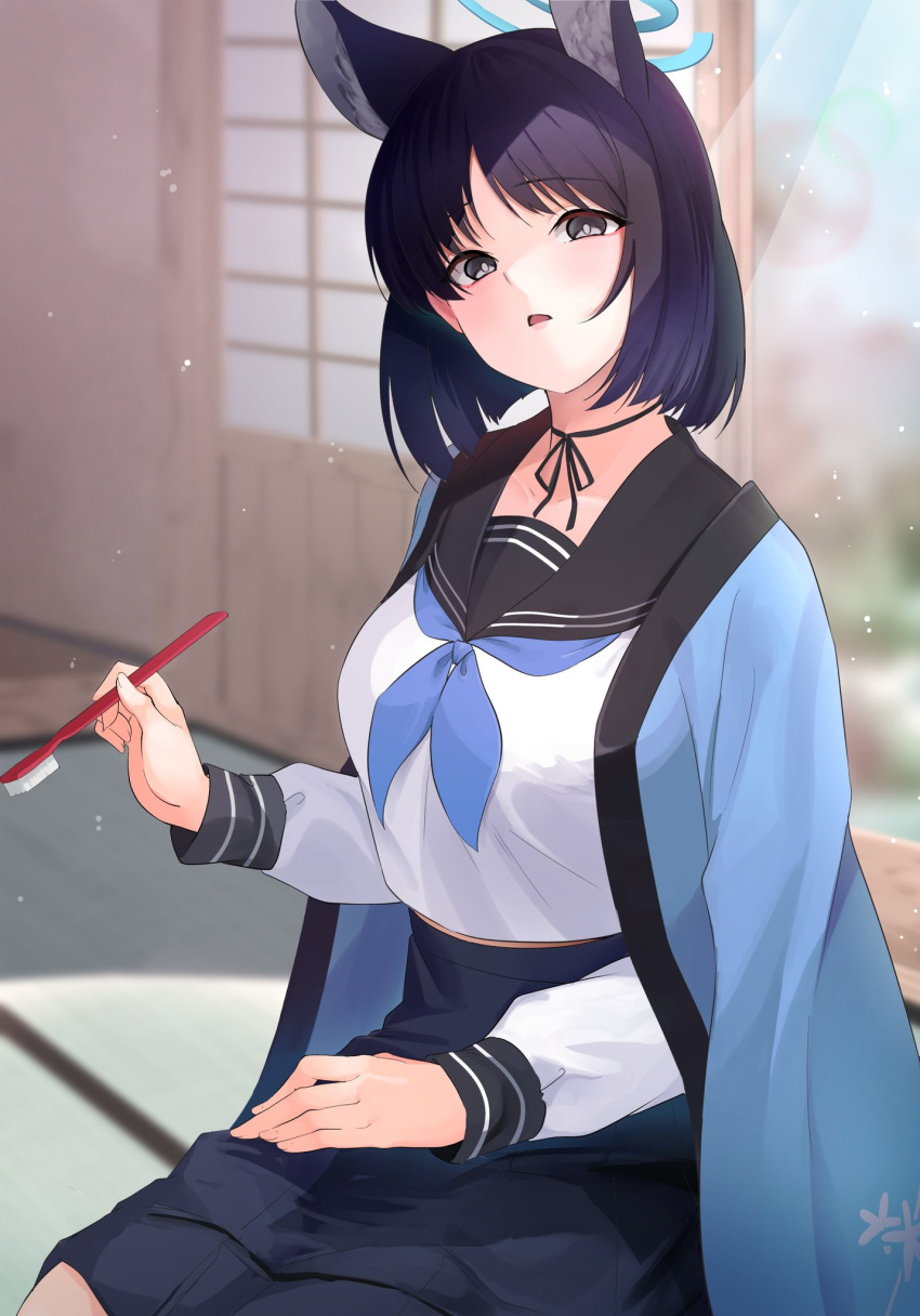 1girl, animal_ears, black_eyes, black_hair, black_sailor_collar, black_skirt, blue_archive, blue_halo