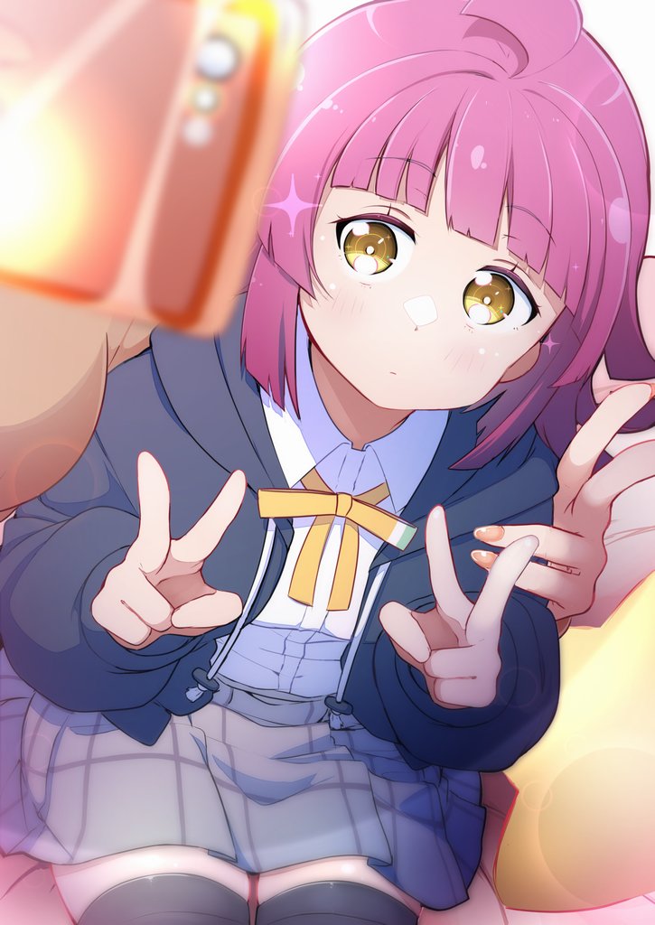 2girls, ahoge, black_thighhighs, blue_jacket, blunt_bangs, blunt_ends, blurry, blurry_foreground