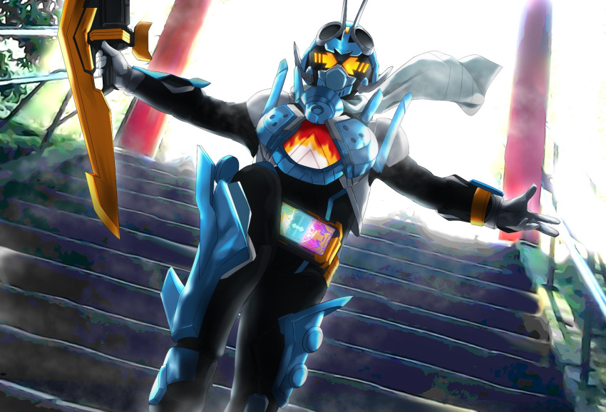 1boy, antennae, armor, black_bodysuit, blue_armor, bodysuit, bug, gate