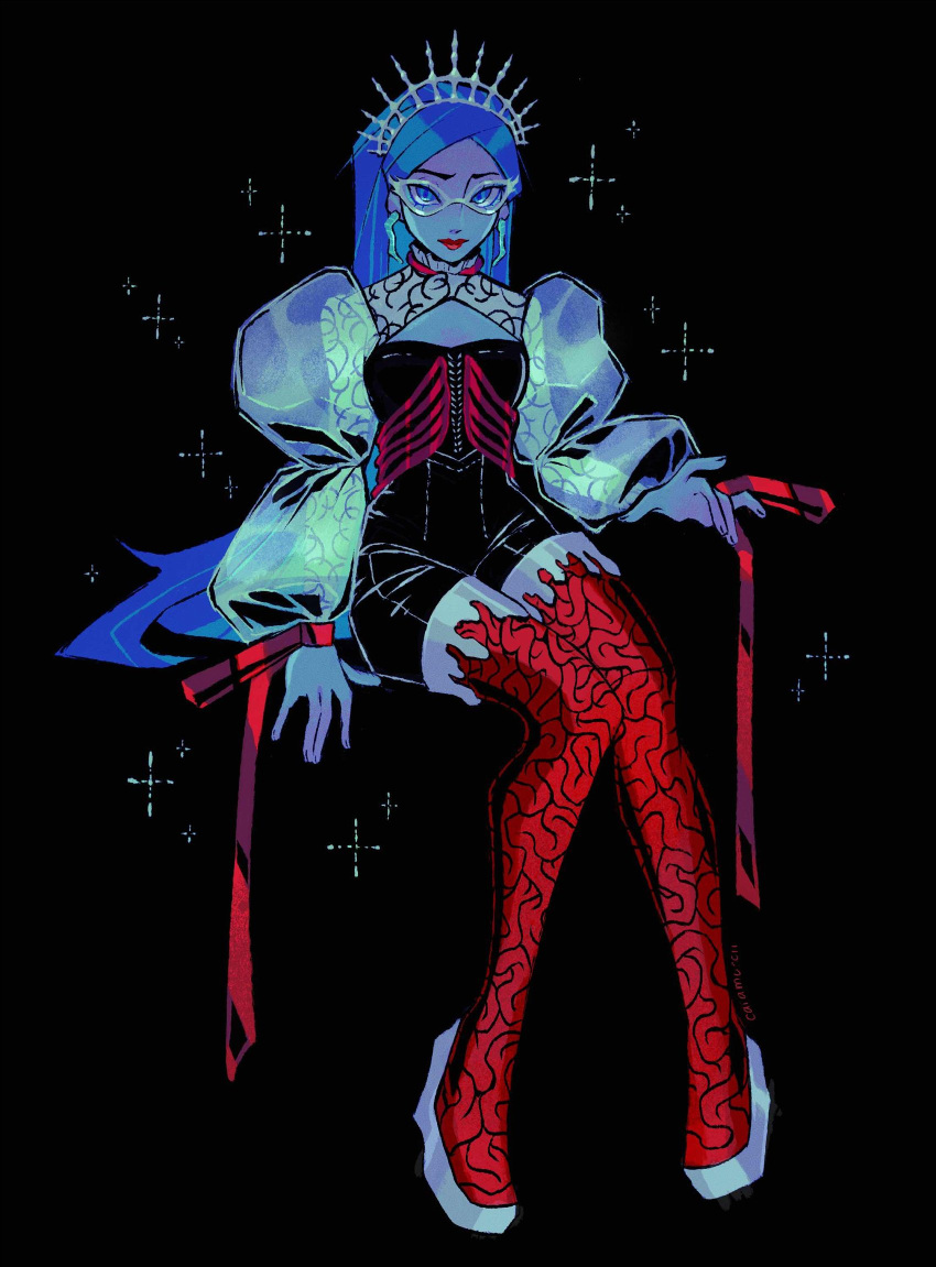 1girl, alternate_costume, black_background, blue_eyes, blue_hair, brain_pattern, caramoccii, earrings, ghoulia_yelps, glasses, headband, highres, jewelry, long_hair, long_sleeves, monster, monster_girl, monster_high, monster_high_(g1), official_alternate_costume, puffy_long_sleeves, puffy_sleeves, red_footwear, red_lips, red_ribbon, ribbon, ribs, sparkle, sparkle_background, tassel, tassel_earrings, white-framed_eyewear, white_headband, wrist_ribbon, zombie